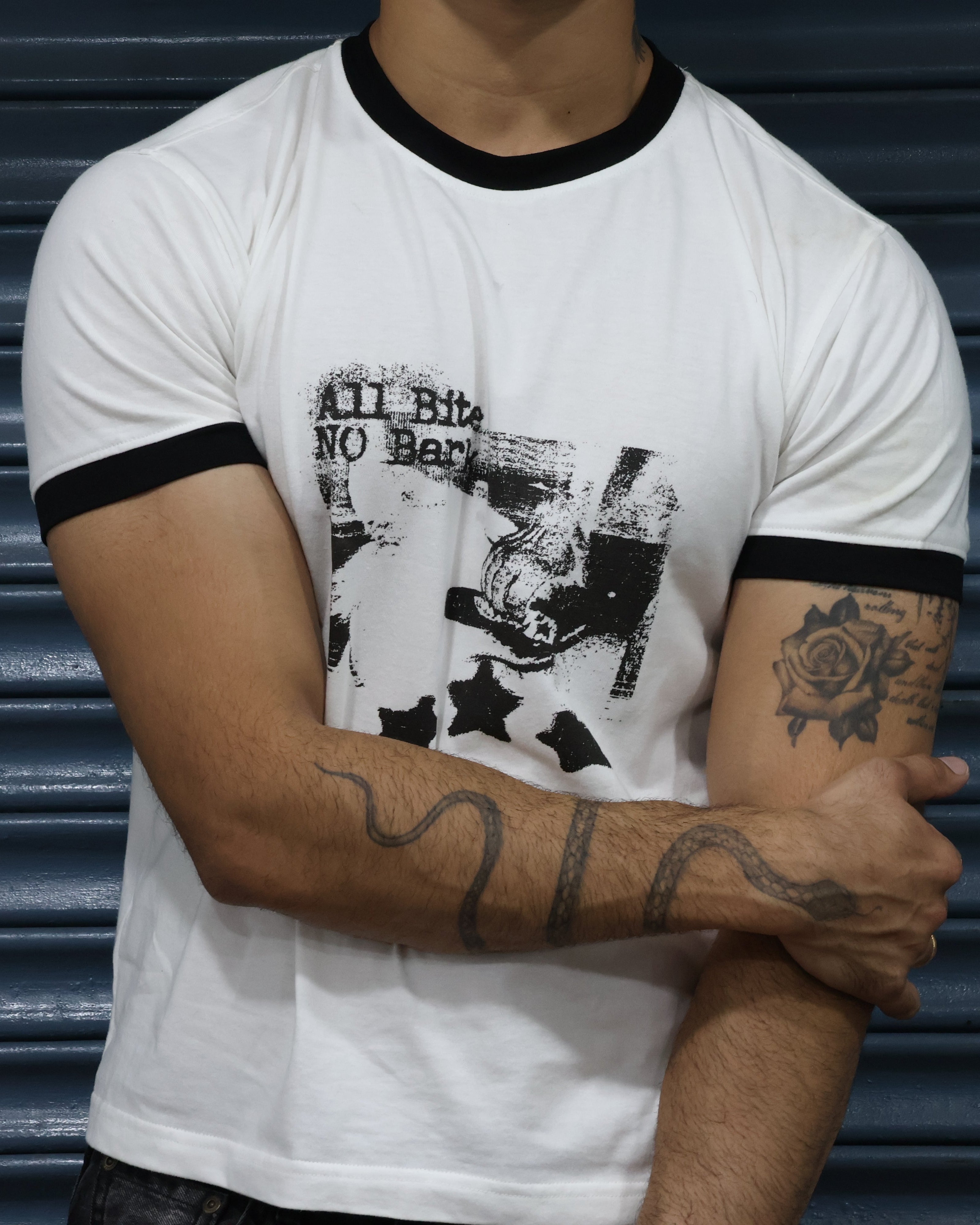 "All Bite No Bark" Graphic Ringer Tee
